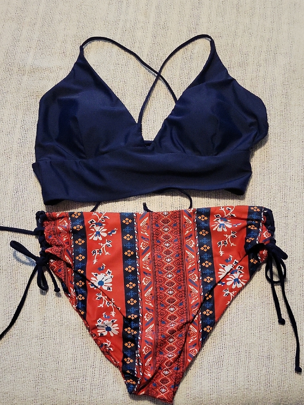 Cupshe Navy Top with Red Floral Print High-Waist Bikini Bottoms